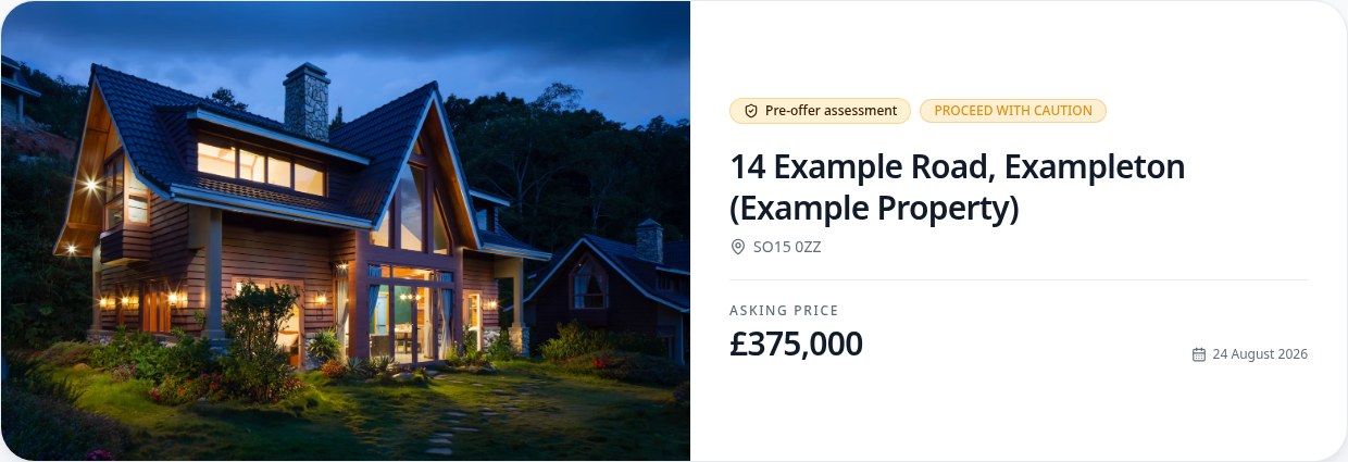 FirstBid report property header showing address, asking price and verdict
